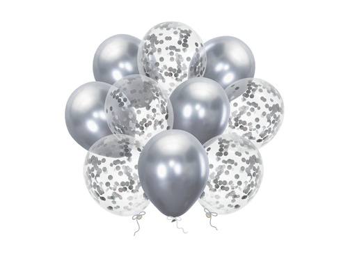 Ezüst króm lufi szett + szalag - 30 cm - 10 db.