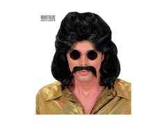 Fekete 1970-es évekbeli fazettás paróka bajusszal