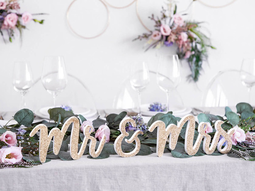 Mr & Mrs arany csillogó fából készült asztali dekoráció - 1 op.