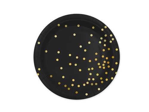 Készlet poharak + papírtányérok fekete arany pöttyökkel - 12 db.