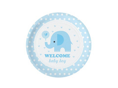 Papírtányérok babaköszöntőhöz Elefánt kék - 18 cm - 6 db.