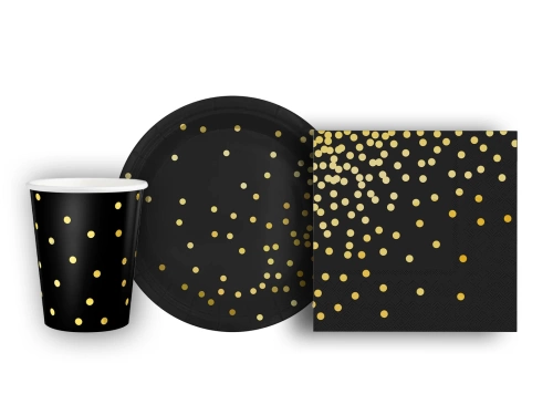 Csészék + szalvéták + papírtányérok fekete arany pöttyökkel - 22 db.