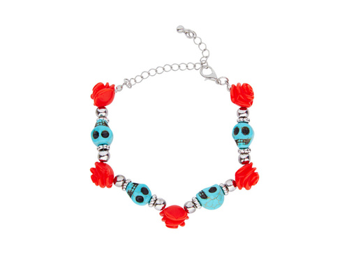 Türkiz karkötő koponyákkal és vörös rózsákkal