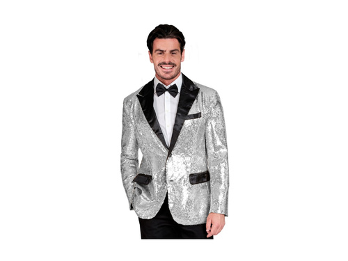 Party Fashion ezüst flitteres blézer szatén gallérral és zsebekkel