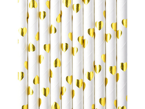 Papír szívószál arany szívek - 19,5 cm - 10 db.