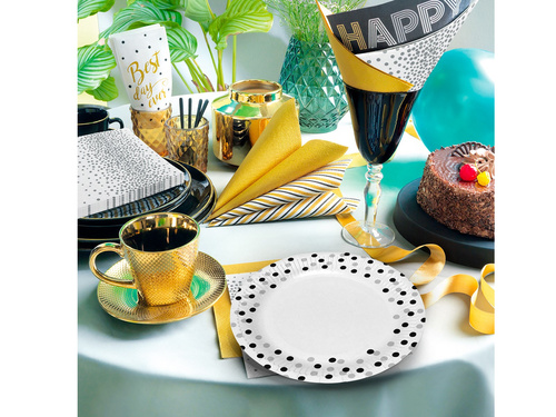 Papírtányérok születésnapokra Konfetti ezüst és fekete - 18 cm - 8 db.