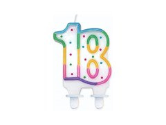 Gyertya 18. születésnapra színes szegéllyel és pöttyökkel - 1 db.